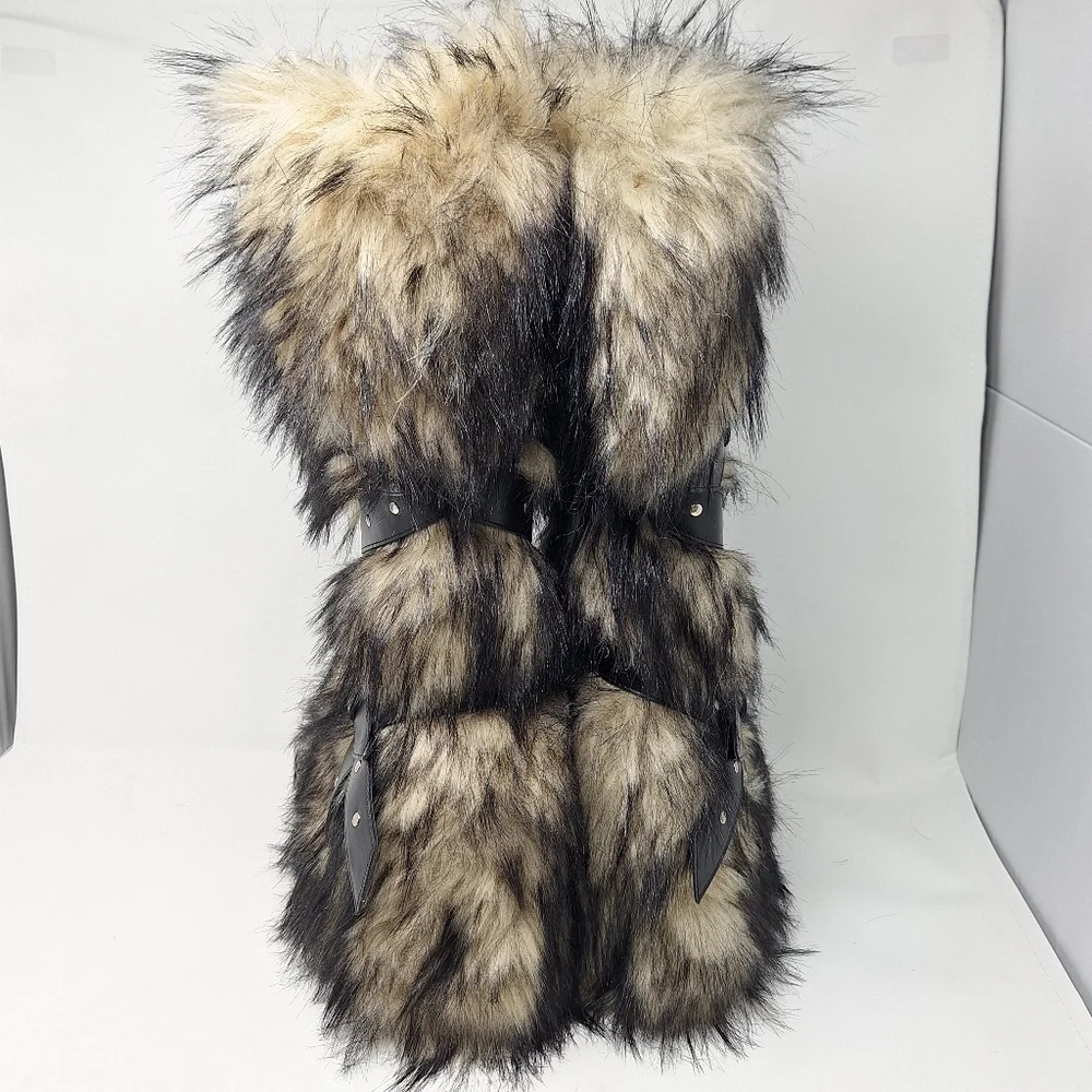 Dolls Kill Club Exx Knee High Fur Wedge Platform Boots Black Tan Studs Buckles